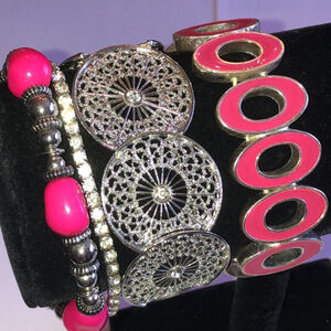 Lot of 4 Silver Tone Pink Enamel Boho Beaded Stretchy Bracelets